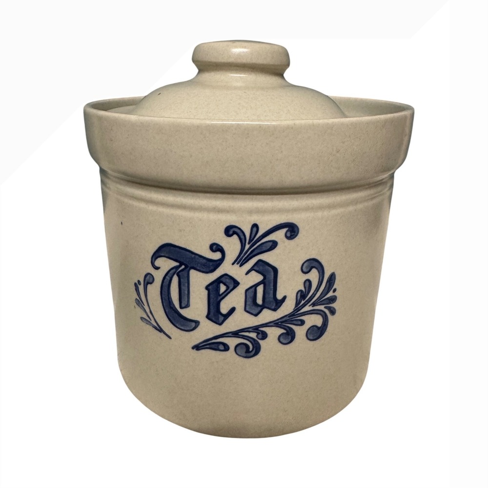 Pfaltzgraff Heritage Tea Canister 1 Qt Blue Script Stoneware Jar w/ Lid 509 USA